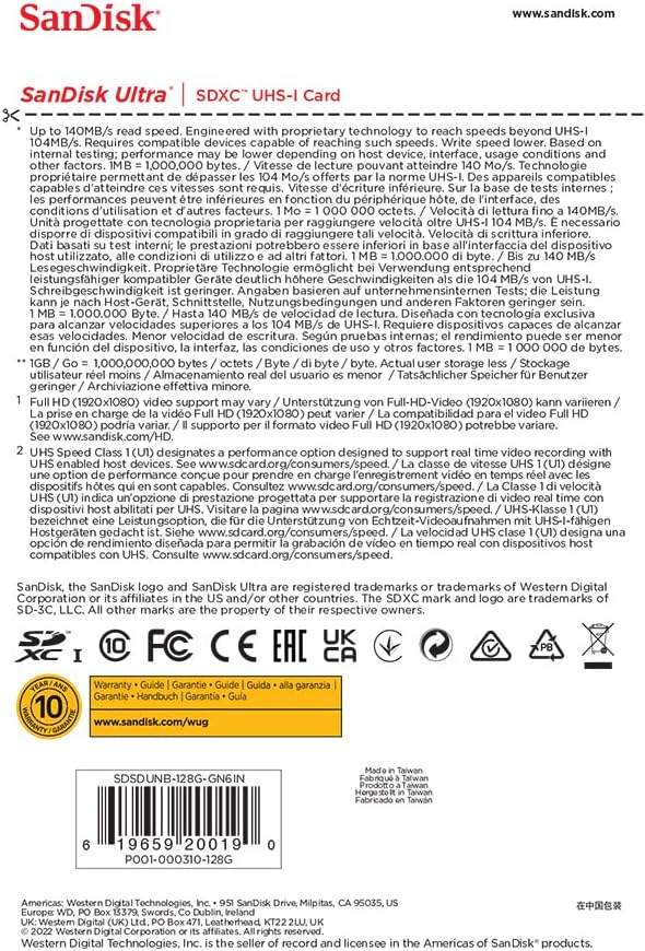 SanDisk 128 GB cartão Ultra SDXC, com até 140 MB/s, desempenho de apps A1, UHS-1, classe 10, U1